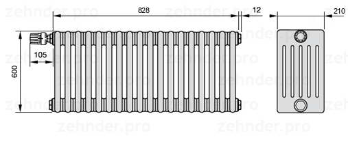 Схема (чертеж) Радиатор Zehnder Charleston 6060/18 №V011 Белый глянцевый RAL 9016